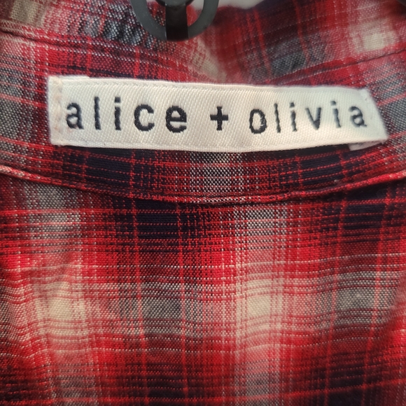 Alice + olivia red and white  crinkle plaid button down XS - Picture 7 of 15
